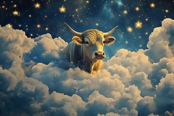 A dreamy portrayal of a cow surrounded by fluffy clouds and stars, as if ita??s taking a stroll through the night sky, creating a fairy tale-like atmosphere.
