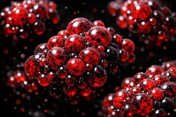 Close-up of red and black spotted berries or cells with a glossy surface, surrounded by similar objects against a dark background