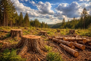 Mountainous Forest Landscape with Cut Tree Stumps and Logging Debris Under Dramatic Cloudy Sky