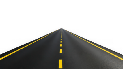 Asphalt road with yellow dashed line leading into the distance isolated on transparent background