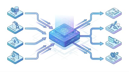 A blue 3D cube with a circular logo on top connects to multiple smaller cubes with various icons, representing an AI workflow process on a white background with a futuristic and