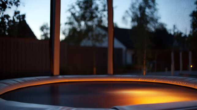 Illuminated trampoline pad, backyard twilight ambiance. Gentle glow, inviting play. Backyard fun. Suburban tranquility, house in background. Recreation under the stars.