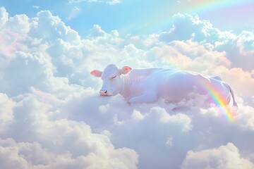 A dreamy view of a cow resting on clouds, surrounded by soft pastel colors and rainbows. The whimsical shape of the cow creates a peaceful dreamlike quality to the image.