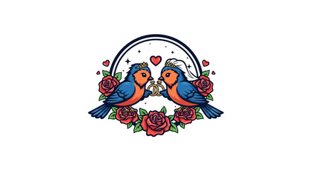 Loving blue birds exchanging wedding rings under a romantic floral arch