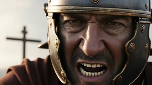 Roman centurion with stern expression and then aggressive yell, biblical scene with a cross in the background