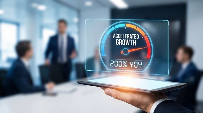 Businessman presenting accelerated growth on tablet in modern office - Powered by Adobe