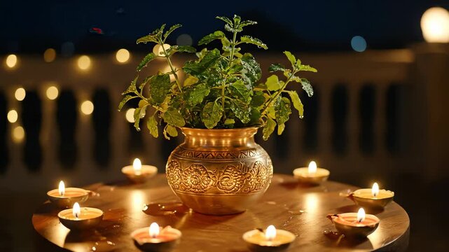 Tulsi Plant in Golden Brass Pot Surrounded by Lit Diyas Festival Celebration