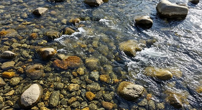 Clear Water Flowing Over Smooth Rocks and Pebbles
