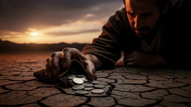 Judas's desolate regret, a low-angle shot focusing on Judas's hand as silver coins spill from a  pouch onto barren, cracked earth, his face in shadow, a solitary figure consumed by despair at dusk