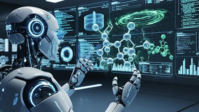 Artificial intelligence robot interacting with digital display data futuristic concept