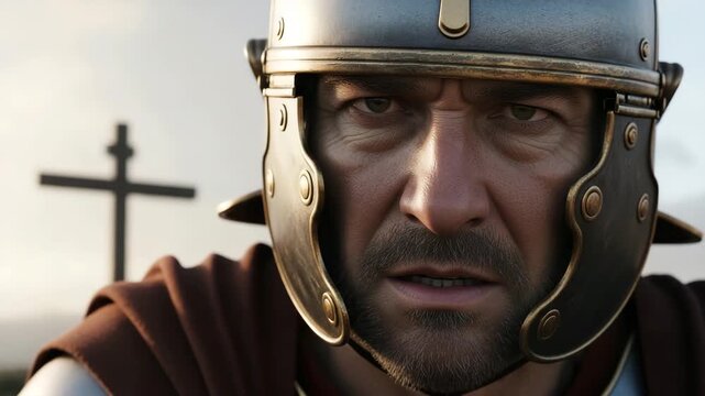 Roman soldier intently watches the crucifixion, a powerful biblical scene for spiritual reflection and historical drama, his expression a conflict of duty, confusion, and dawning realization