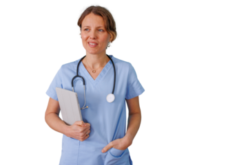 Healthcare worker providing care, showing dedication and technological integration in the medical field. Transparent background