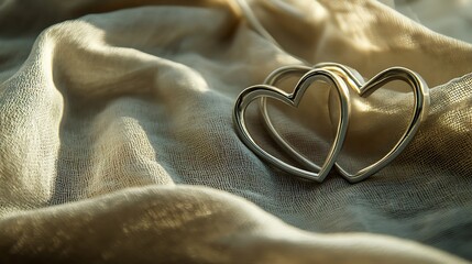 Open heart-shaped frames lying on textured fabric background with shadow play and soft focus 