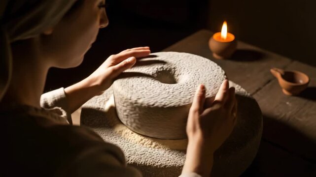 Mary's hands grinding grain, intimate over-the-shoulder view of Mary using a heavy stone quern, her face showing serene concentration