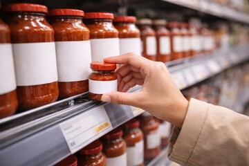 A Shopper's Hand Reaching for a Jar of Pasta Sauce Amongst a Colorful Array of Similar Jars on a Grocery Store Shelf