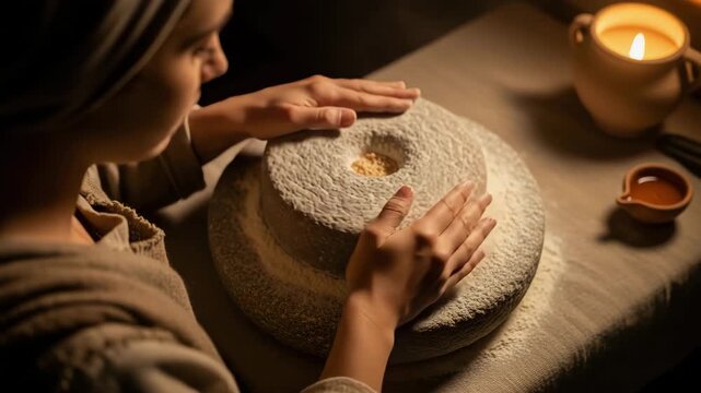 Mary grinding grain with two millstones in preparation for bread. Ancient biblical scene depicting daily life and traditional food.