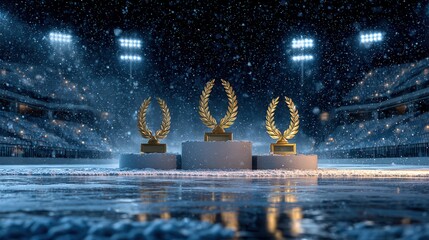 three podiums placed on an icy reflective surface, each podium featuring a golden Greek laurel wreath 