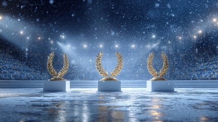 three podiums placed on an icy reflective surface, each podium featuring a golden Greek laurel wreath 