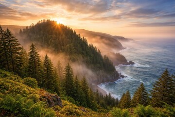 Sunset Over Foggy Coastal Forested Mountains with Ocean Waves Splashing Against Rocky Shore