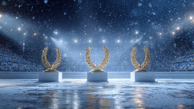 three podiums placed on an icy reflective surface, each podium featuring a golden Greek laurel wreath 