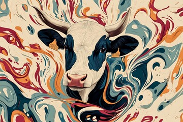 A dynamic illustration of a cow surrounded by swirling, colorful wind patterns, suggesting movement and energy in a whimsical, abstract world full of life.