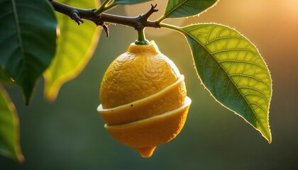 Obraz premium Lemon, refreshing appearance, hanging on a branch, warm natural background