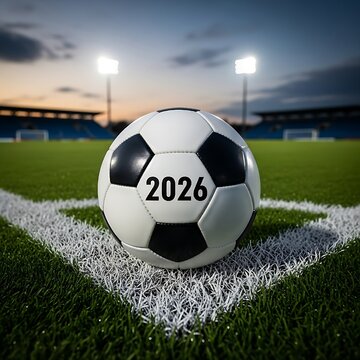 Close up of a football marked 2026 resting on white field lines during a vibrant evening stadium sunset