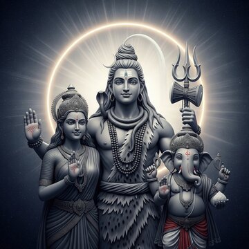 Shiva Parvati Ganesha Sacred Family in Moonlit Kailash Night