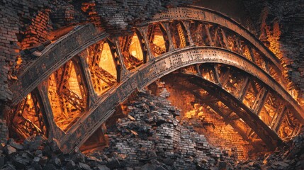 Bent steel girder of an abandoned industrial bridge arching precariously over rubble and brick ruins, evoking a sense of decay and history.