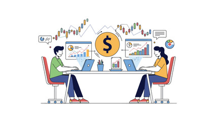 Professional man and woman work on laptops at a desk with financial stock market charts and a large golden dollar sign between them.