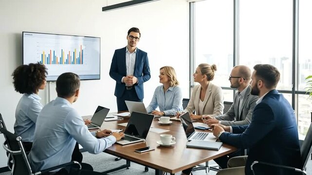 Businessman leading a meeting with diverse colleagues in a modern office boardroom, discussing charts and graphs on a screen.