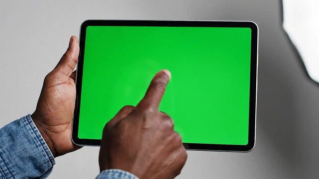 A person holding a tablet with a green screen, pointing at it with their finger, in a gray environment, viewed from above