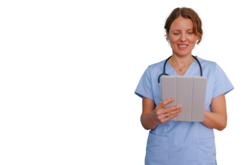 Healthcare professional using digital tablet for remote patient care or electronic medical records, transparent background