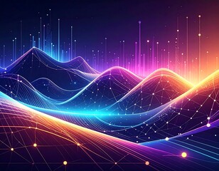 Abstract image of colorful glowing digital waveforms and network nodes