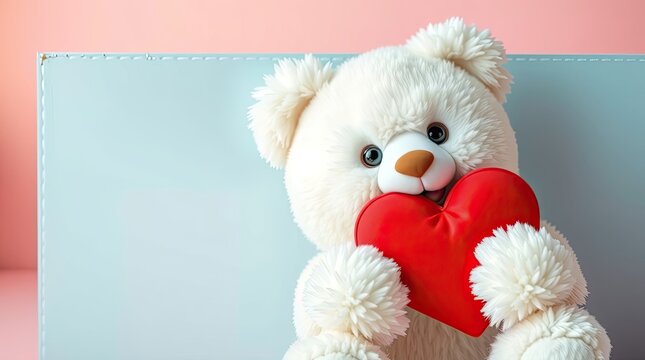 Adorable White Teddy Bear Holding Red Heart for Love and Romance