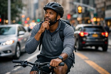 Thoughtful man riding a bicycle in urban city street wearing a helmet and casual clothing during daytime