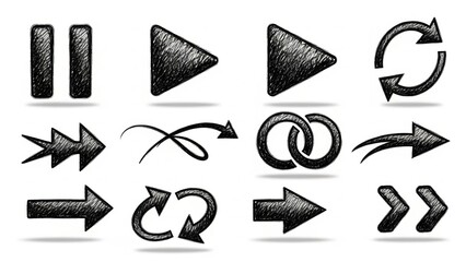 Sketchy Hand Drawn Media Player and Arrow Icon Set