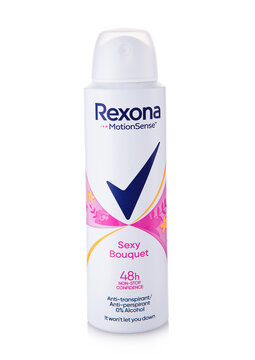 LONDON,UK - SEPTEMBER 29, 2025: Rexona Motion Sense Antiperspirant spray on white background with sexy bouquet.