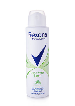 LONDON,UK - SEPTEMBER 19, 2025: Rexona Motion Sense Antiperspirant spray on white background with aloe vera scent.