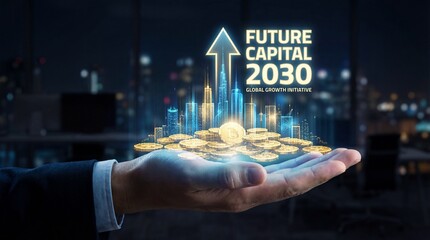 Businessman presenting futuristic cityscape with glowing coins and upward arrow