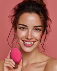 Smiling Beauty Portrait with Pink Makeup Sponge on Rose Background