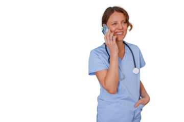 Healthcare worker engaging in phone conversation, standing with hand in pocket, communicating for medical or service industry
