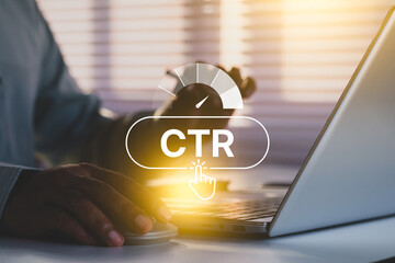 Click Through Rate CTR digital marketing performance analytics concept showing hand clicking icon...