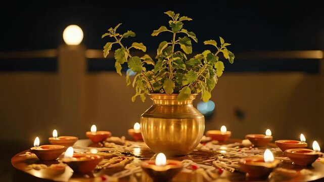 Holy Basil plant in brass pot surrounded by glowing clay lamps Diwali night