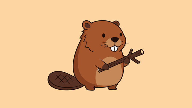 Cute Beaver Character Holding Wooden Sticks in Bright Studio