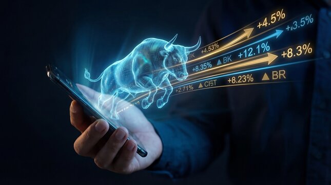 Person holding smartphone with glowing blue bull and stock market growth graphics - Powered by Adobe