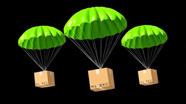 Green Parachutes with Cardboard Boxes Descending &ndash; Logistics Air Drop Concept Isolated on Black, 4K Ultra HD