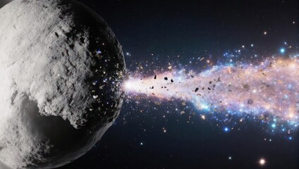Asteroid collision in deep space, cosmic dust and light explosion.