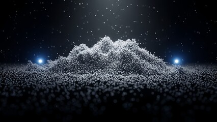 Abstract Micro-particle Landscape with White Granules Forming Undulating Terrain, Illuminated by Two Glowing Blue Spheres, Symbolizing Technology, Science, or a Digital World.
