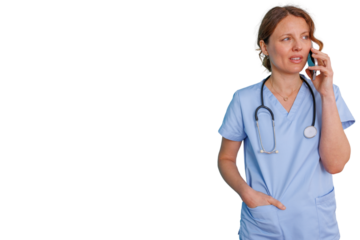 Female healthcare professional wearing scrubs and stethoscope, talking on smartphone, communicating important medical information